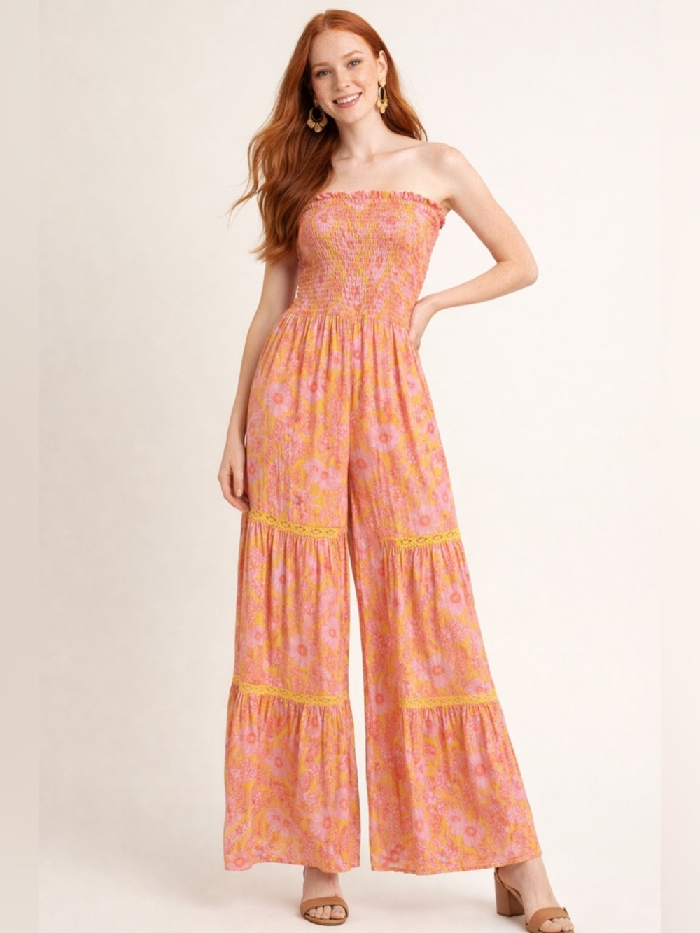 Angie Boho Strapless Wide-Leg Jumpsuit | Pink & Mustard Floral 🌸